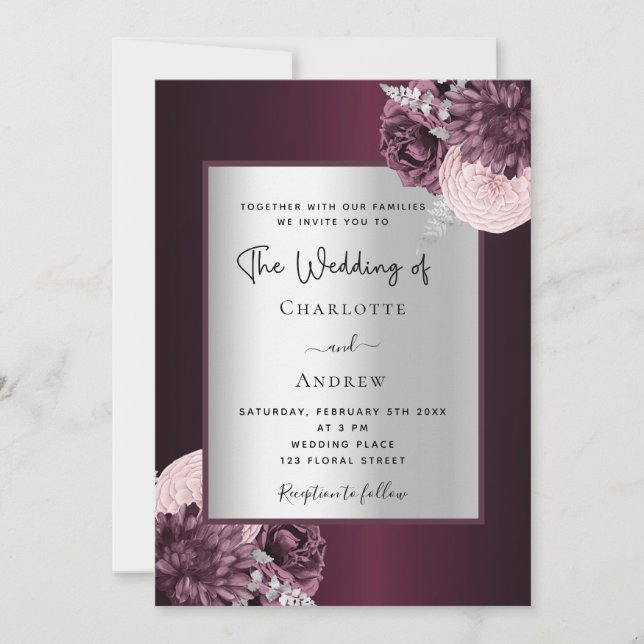 Invitation Burgundy argent floral élégant mariage (Devant)
