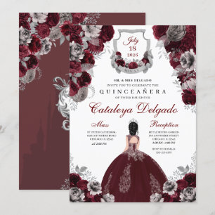 Invitation Burgundy & Argent Floral Elegant Quinceañera