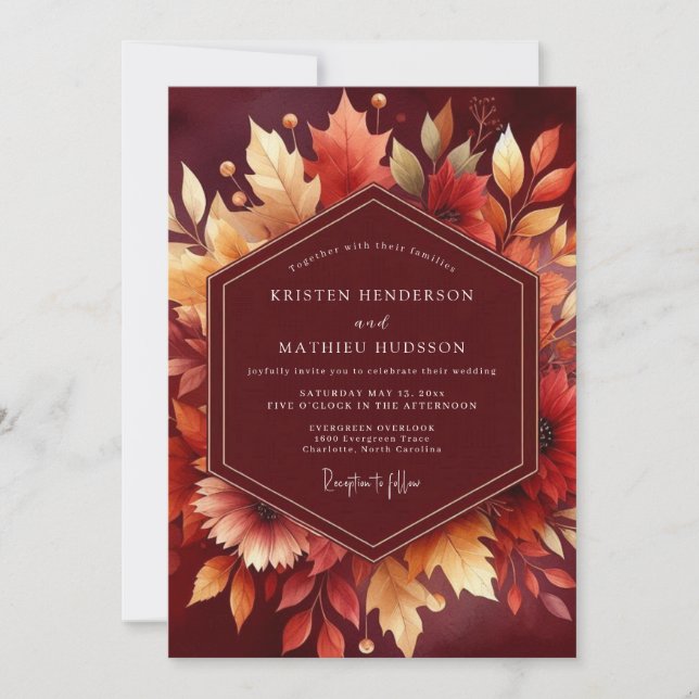 Invitation Burgundy Autumn Foliage Wedding (Devant)