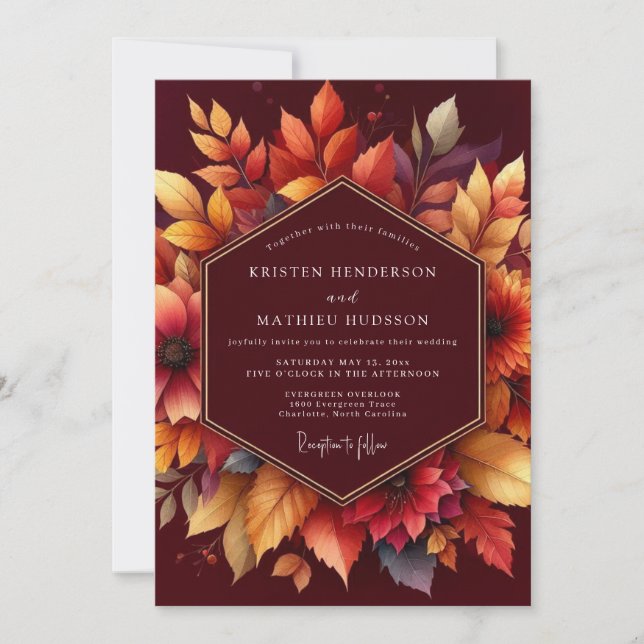 Invitation Burgundy Autumnal Floral Romance Wedding (Devant)