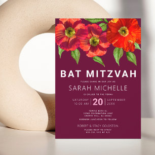 Invitation Burgundy Bat Mitzvah Aquarelle Florale Moderne