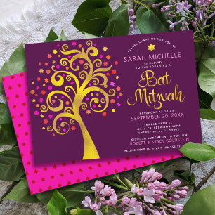Invitation Burgundy Bat Mitzvah Moderne Or Tree of Life