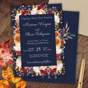 Invitation Burgundy Beige Navy Bleu Automne Floral Mariage