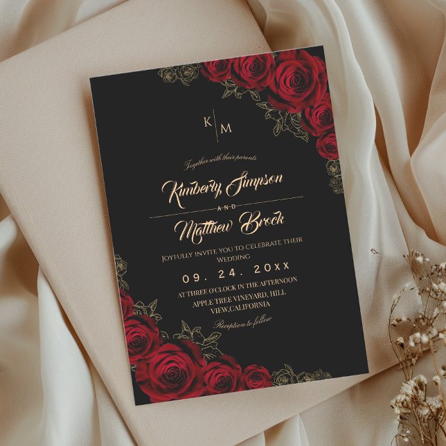 Invitation Burgundy Black and Gold Rose Floral Boho Wedding (Créateur téléchargé)