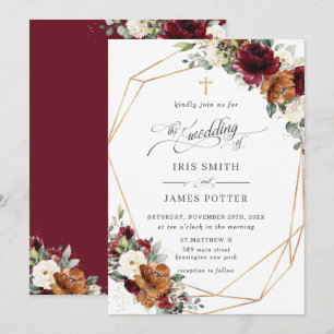 Invitation Burgundy Blanc Rouille Orange Floral Église Mariag