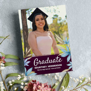 Invitation Burgundy bleu brun floral photo Graduation Party