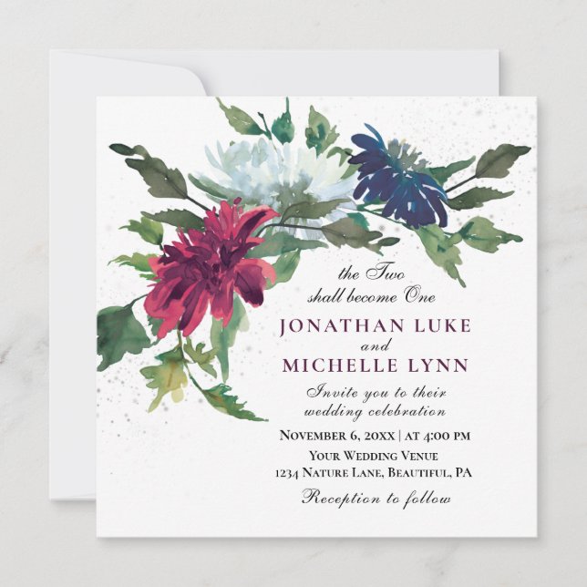 Invitation Burgundy Bleu Floral tout en un Mariage chrétien (Devant)