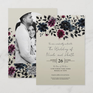 Invitation Burgundy Bleu Minuit Floral Almond Mariage Encre