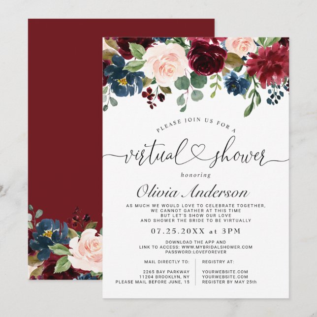 Invitation Burgundy Blue Blush Flowers Fête des mariées virtu (Devant / Derrière)