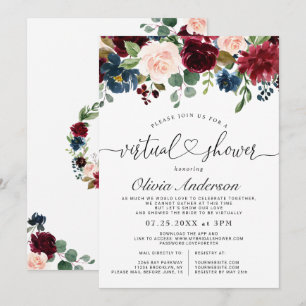 Invitation Burgundy Blue Blush Flowers Fête des mariées virtu