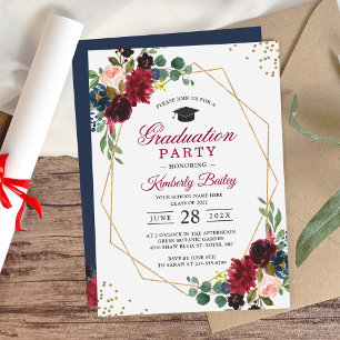 Invitation Burgundy Blue Floral Geometry Graduation Party