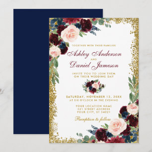 Invitation Burgundy Blue Floral Gold Parties scintillant Mari