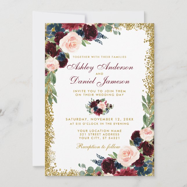Invitation Burgundy Blue Floral Gold Parties scintillant Mari (Devant)