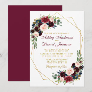 Invitation Burgundy Blue Floral Mariage géométrique or