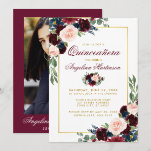 Invitation Burgundy Blue Floral Quinceanera Gold Photo