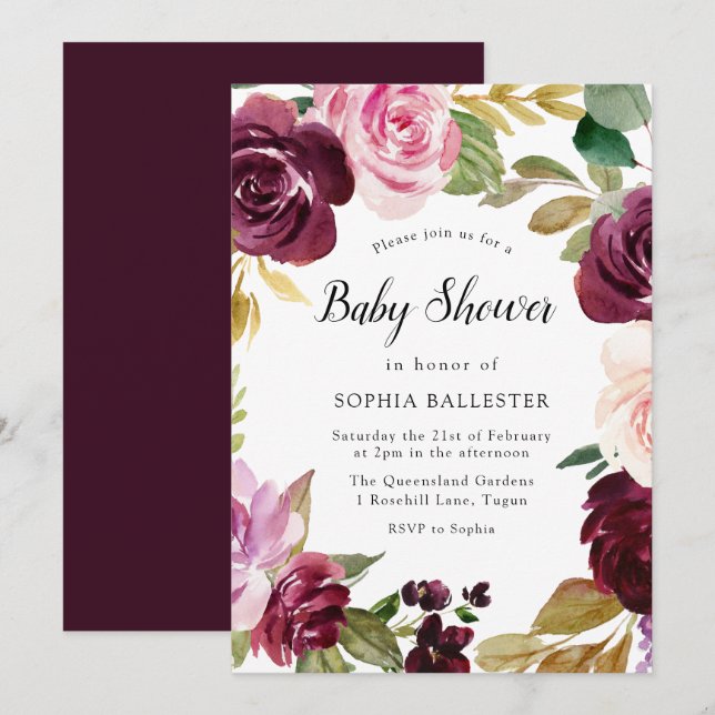 Invitation Burgundy Blush Aquarelle Baby shower Floral (Devant / Derrière)