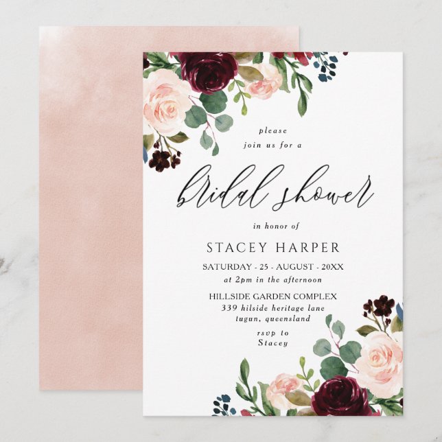Invitation Burgundy & Blush Aquarelle Élégante douche nuptial (Devant / Derrière)
