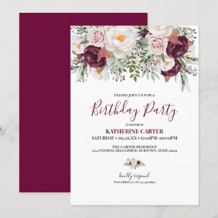 Invitation Burgundy Blush Aquarelle fête d'anniversaire