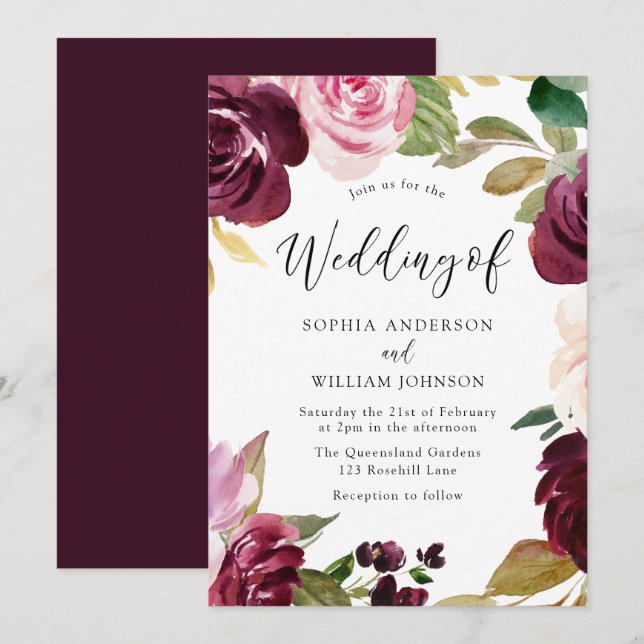 Invitation Burgundy Blush Aquarelle Fleurs Mariage élégant (Devant / Derrière)
