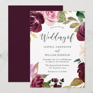 Invitation Burgundy Blush Aquarelle Fleurs Mariage élégant
