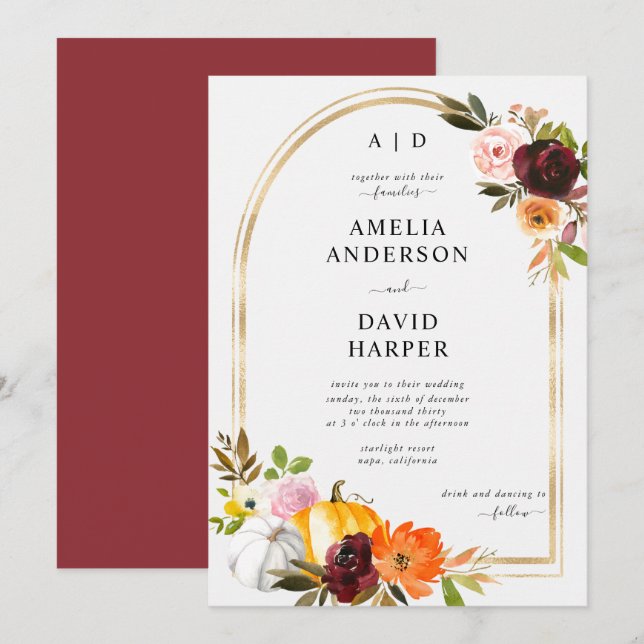 Invitation Burgundy Blush Automne Floral Citrouille Mariage (Devant / Derrière)
