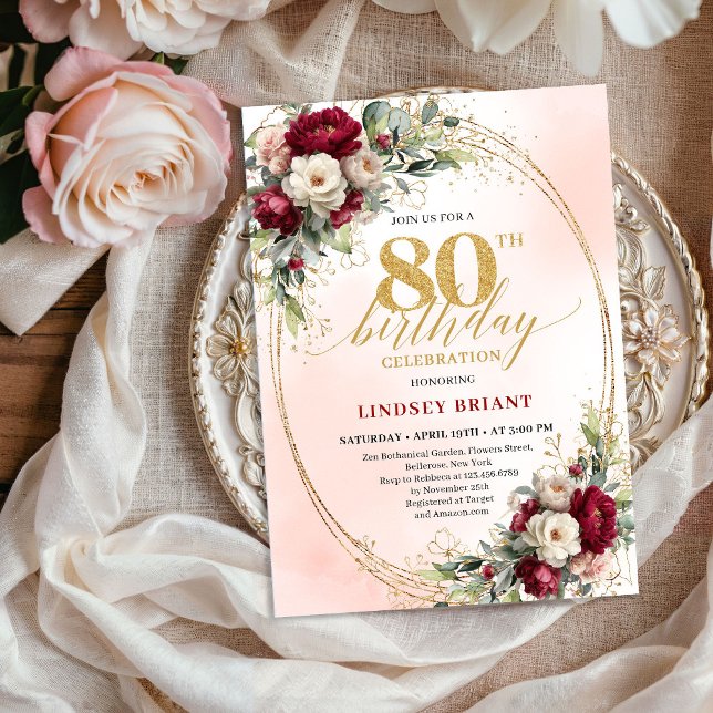 Invitation Burgundy Blush Boho Garden 80th Birthday Invites (Burgundy Blush Boho Garden 80th Birthday Invitation)