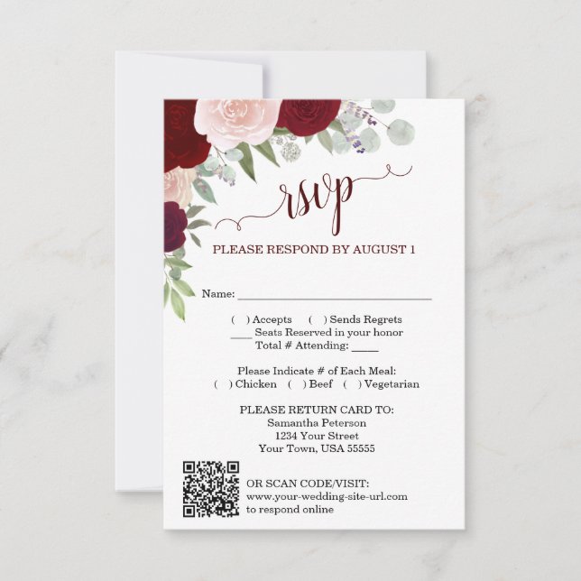 Invitation Burgundy Blush Boho Roses Wedding QR Code RSVP  (Devant)