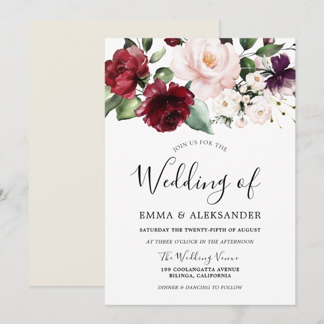 Invitation Burgundy Blush Cream Floral Aquarelle Mariage (Devant / Derrière)