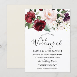 Invitation Burgundy Blush Cream Floral Aquarelle Mariage