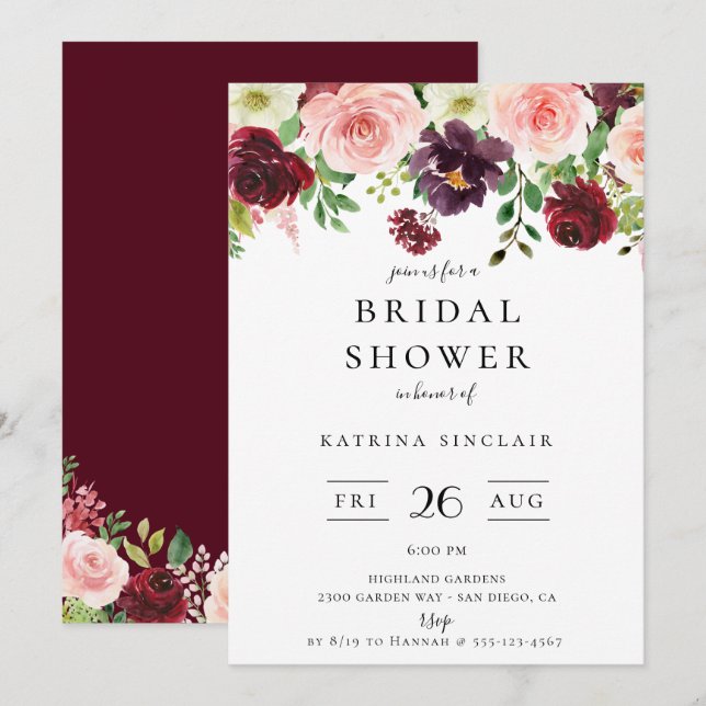 Invitation Burgundy Blush Fall Fête des mariées florale (Devant / Derrière)
