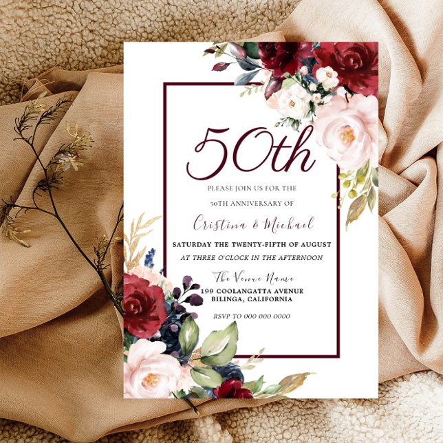 Invitation Burgundy Blush Floral 50e anniversaire de mariage (Créateur téléchargé)