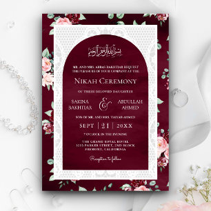 Invitation Burgundy Blush Floral Blanc dentelle musulmane Mar