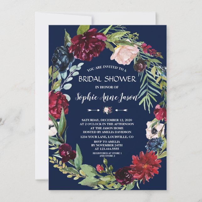 Invitation Burgundy Blush Floral Bleu foncé Fête des mariées (Devant)