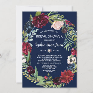 Invitation Burgundy Blush Floral Bleu foncé Fête des mariées