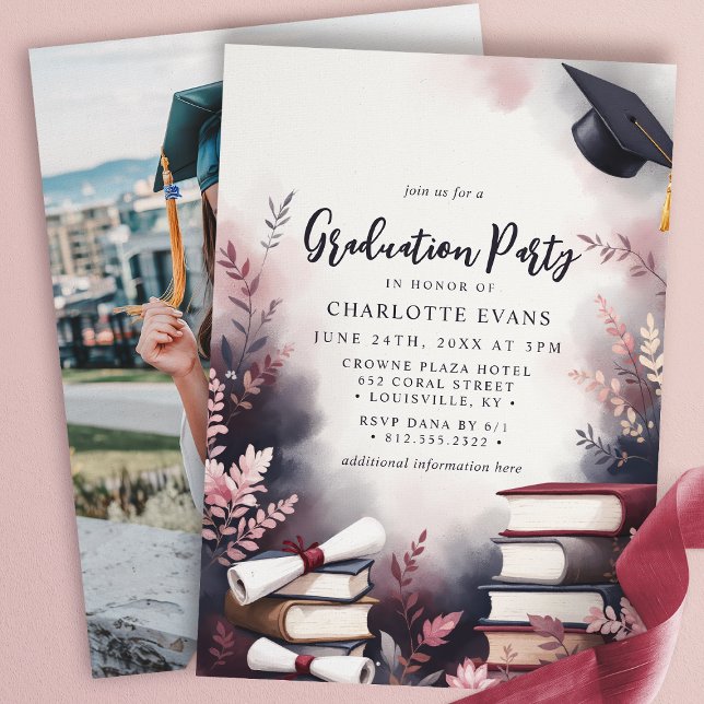 Invitation Burgundy Blush Floral Books Graduation Party Photo (Créateur téléchargé)