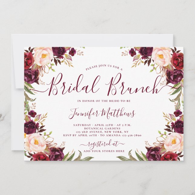 Invitation Burgundy Blush Floral Élégant Script Bridal Brunch (Devant)