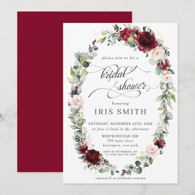 Invitation Burgundy Blush Floral Fête des mariées de couronne (Devant / Derrière)