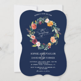 Invitation Burgundy Blush Floral Frame Bleu foncé Mariage
