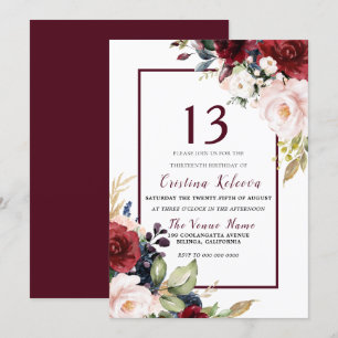 Invitation Burgundy Blush Floral Girls 13e fête d'anniversair