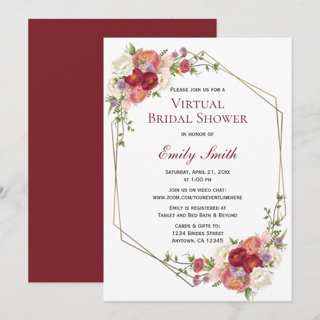 Invitation Burgundy Blush Floral Gold | Fête des mariées virt (Devant / Derrière)
