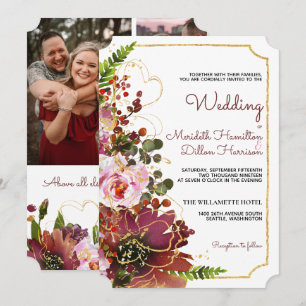 Invitation Burgundy Blush Floral Gold Mariage moderne