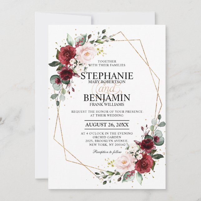 Invitation Burgundy Blush Floral Mariage géométrique (Devant)