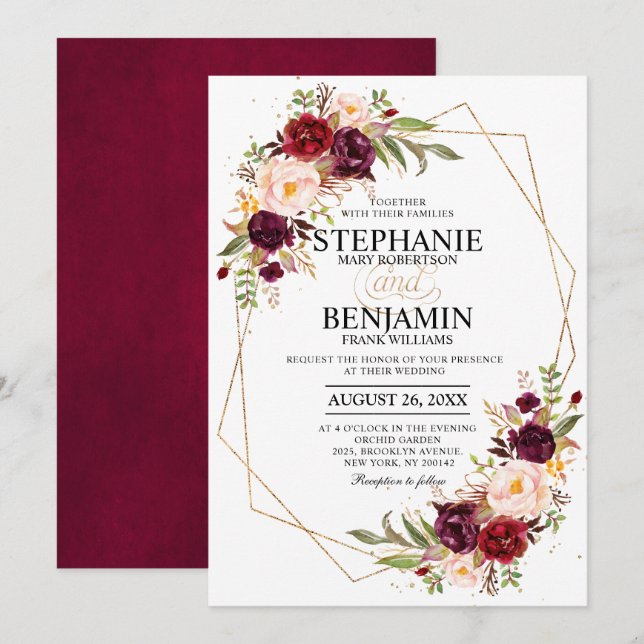 Invitation Burgundy Blush Floral moderne Mariage géométrique (Devant / Derrière)