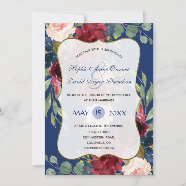 Invitation Burgundy Blush Floral Navy Blue Gold Mariage (Devant)