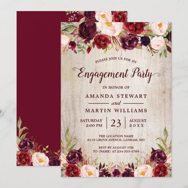 Invitation Burgundy Blush Floral Rustic Wood (Devant / Derrière)
