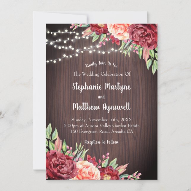 Invitation Burgundy Blush Floral String Mariage (Devant)
