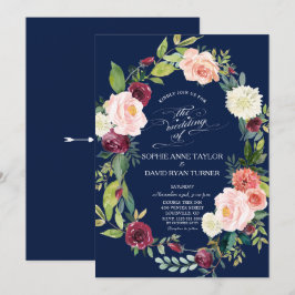 Invitation Burgundy Blush Floral Wreath Mariage bleu foncé