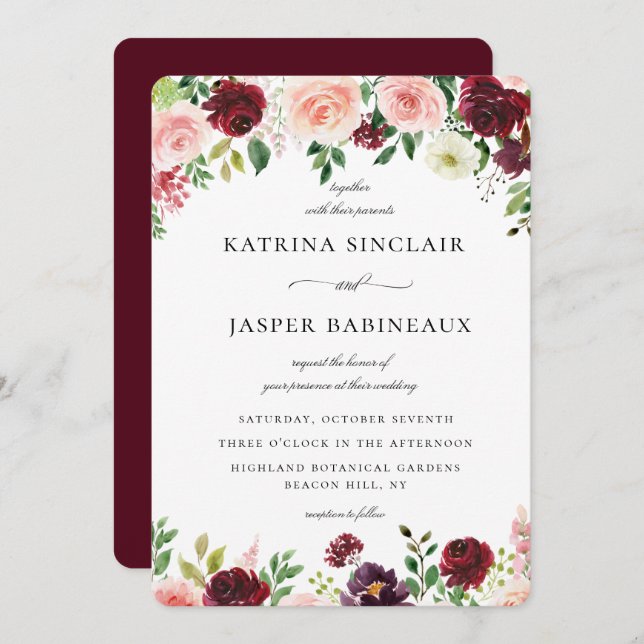 Invitation Burgundy Blush FlorMariage (Devant / Derrière)