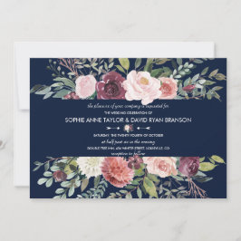 Invitation Burgundy Blush Flowers Mariage bleu marine