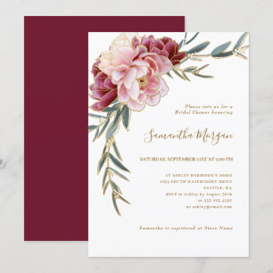 Invitation Burgundy Blush Gold Floral Fête des mariées de ver